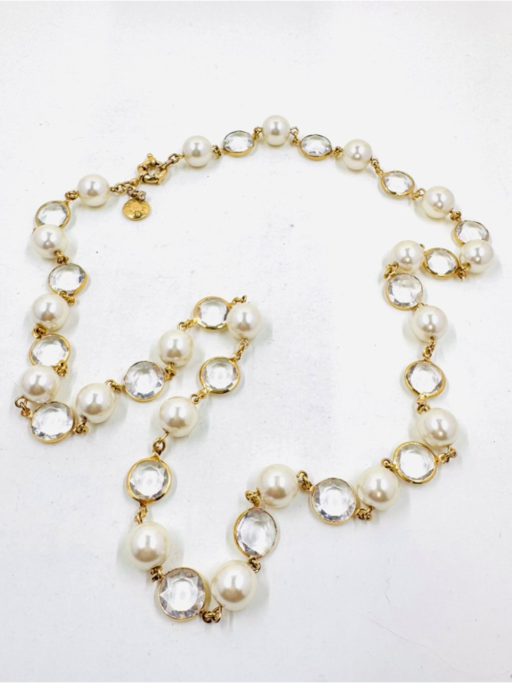 J. Crew Vintage Gold-Tone Pearl and Clear Crystal Station Necklace 32”